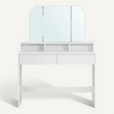 Coiffeuse Avec 3 Miroirs, 2 Tiroirs Et 3 Compartiments De Rangement, Sans Tabouret, Blanc Coiffeuse Avec 3 Miroirs, 2 Tiroirs Et 3 Compartiments De Rangement, Sans Tabouret, Blanc