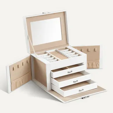 Boîte à Bijoux 4 Niveaux, Avec Poignées, 3 Tiroirs, Miroir, Serrure, Blanc Classique Boîte à Bijoux 4 Niveaux, Avec Poignées, 3 Tiroirs, Miroir, Serrure, Blanc Classique