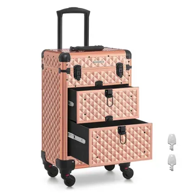 Valise De Maquillage Professionnel, Avec 2 Tiroirs, 34 X 24 X 56 Cm, Roulette Pivotante à 360°, Doré