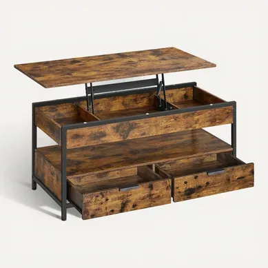 Table De Salon Avec Plateau Relevable, Tiroirs De Rangement, Marron Rustique Et Noir D’encre Table De Salon Avec Plateau Relevable, Tiroirs De Rangement, Marron Rustique Et Noir D’encre