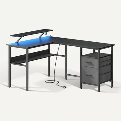Bureau En L Avec Multiprise, Bureau Informatique Avec Rehausseur D’écran, Bureau Gaming LED, Noir Bureau En L Avec Multiprise, Bureau Informatique Avec Rehausseur D’écran, Bureau Gaming LED, Noir