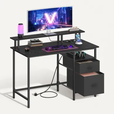 Bureau Gaming, avec Tiroirs, avec Support d'Écran, Multiprise, 2 Ports USB, 120 x 60 cm, Noir Bureau Gaming, avec Tiroirs, avec Support d'Écran, Multiprise, 2 Ports USB, 120 x 60 cm, Noir