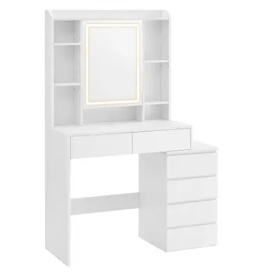 Coiffeuse Avec Un Grand Miroir LED à Luminosité Réglable, 6 Tiroirs - 97.5x40x145 Cm - Blanc Coiffeuse Avec Un Grand Miroir LED à Luminosité Réglable, 6 Tiroirs - 97.5x40x145 Cm - Blanc