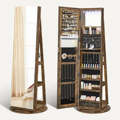 Armoire à Bijoux Avec Miroir Sur Pieds, Pivotant 360°, Surface En Marron Rustique, Doublure En Noir Armoire à Bijoux Avec Miroir Sur Pieds, Pivotant 360°, Surface En Marron Rustique, Doublure En Noir