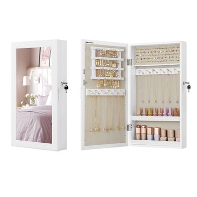 Armoire à Bijoux Murale, Verrouillable, Avec Miroir, Surface En Blanc Et Doublure En Grège Armoire à Bijoux Murale, Verrouillable, Avec Miroir, Surface En Blanc Et Doublure En Grège