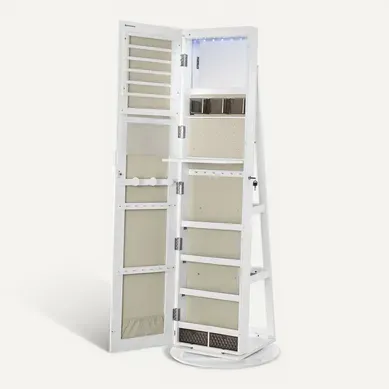 Armoire à Bijoux Avec Miroir Sur Pieds, Avec 6 LED, Pivotant 360°,surface En Blanc,doublure En Grège Armoire à Bijoux Avec Miroir Sur Pieds, Avec 6 LED, Pivotant 360°,surface En Blanc,doublure En Grège