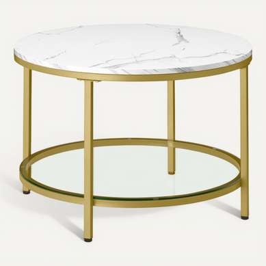 Table Basse, Façon Marbre, Support En Verre Trempé, Facile à Assembler, Blanc Marbré Et Doré Clair