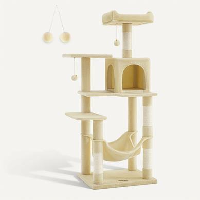 Arbre à Chat Hauteur 143 Cm, Avec 4 Poteaux à Griffer, 2 Plateformes, 1 Niche, 1 Hamac, Beige Arbre à Chat Hauteur 143 Cm, Avec 4 Poteaux à Griffer, 2 Plateformes, 1 Niche, 1 Hamac, Beige