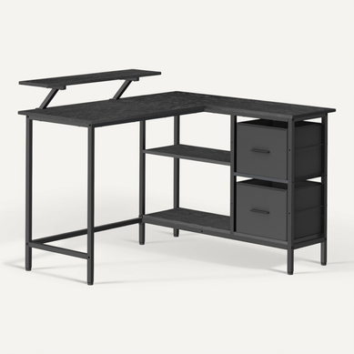Bureau d'Ordinateur en Forme de L, 2 Tiroirs Spacieux, Étagère Réglable, 115 x 105 cm, Noir Bureau d'Ordinateur en Forme de L, 2 Tiroirs Spacieux, Étagère Réglable, 115 x 105 cm, Noir
