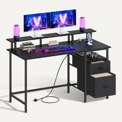 Bureau Gaming, avec Tiroirs en Tissu, Multiprise, 2 Ports USB, 140 x 60 cm, Noir Boisé