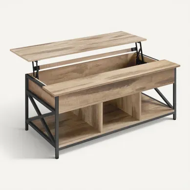 Table De Salon Avec Plateau Relevable, Avec Rangement Ouvert Et Compartiment Caché, Marron Et Noir Table De Salon Avec Plateau Relevable, Avec Rangement Ouvert Et Compartiment Caché, Marron Et Noir