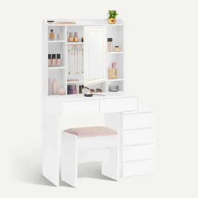 Coiffeuse, Grand Miroir LED à Luminosité Réglable, Tabouret, étagères Réglables, Blanc Nuage Coiffeuse, Grand Miroir LED à Luminosité Réglable, Tabouret, étagères Réglables, Blanc Nuage
