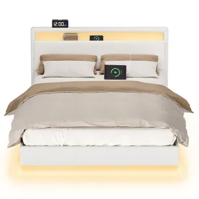 Lit Double, 140 X 190 Cm, Lit Flottant, Lit Avec éclairage LED, Tête De Lit Haute, Multiprise, Blanc