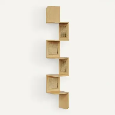 étagère D’angle, étagère Murale Flottante à 5 Niveaux, Côtés En Rotin Pvc, Couleur Chêne Beige étagère D’angle, étagère Murale Flottante à 5 Niveaux, Côtés En Rotin Pvc, Couleur Chêne Beige
