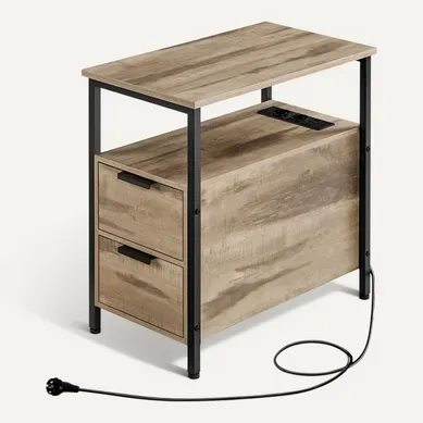 Table D'appoint Avec Multiprise, Petite Table Fine Avec 2 Tiroirs, Marron Camel Et Noir D'encre Table D'appoint Avec Multiprise, Petite Table Fine Avec 2 Tiroirs, Marron Camel Et Noir D'encre