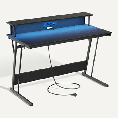 Bureau Gaming Avec LED Et Multiprise, Avec Rehausseur D’écran, 60 X 120 X 76 Cm, Noir Carbone Bureau Gaming Avec LED Et Multiprise, Avec Rehausseur D’écran, 60 X 120 X 76 Cm, Noir Carbone