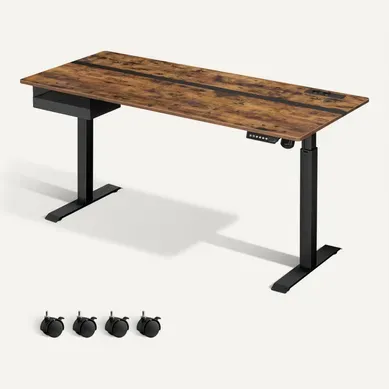Bureau électrique Réglable En Hauteur, Multiprise, Tiroir, 70 X 160 Cm, Marron Rustique Et Noir Bureau électrique Réglable En Hauteur, Multiprise, Tiroir, 70 X 160 Cm, Marron Rustique Et Noir