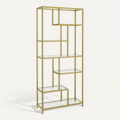 étagère De Rangement, Bibliothèque, 6 Niveaux, 30 X 80 X 180 Cm, Verre Trempé, Doré Métallique