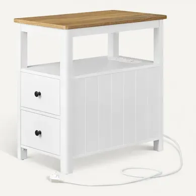 Table D’appoint Avec Multiprise, Petite Table Basse Avec étagère De Rangement, Marron Chêne Et Blanc