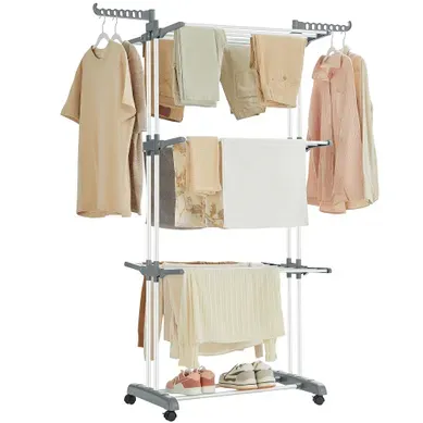 étendoir à Linge Mobile à 4 Niveaux, Avec Roulettes, Pliable, 64 X 126 X 172 Cm, Blanc