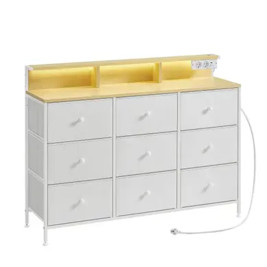 Commode, Meuble De Rangement Avec 9 Tiroirs Et éclairage LED, Multiprise, 33,5 X 114 X 84 Cm, Blanc Commode, Meuble De Rangement Avec 9 Tiroirs Et éclairage LED, Multiprise, 33,5 X 114 X 84 Cm, Blanc