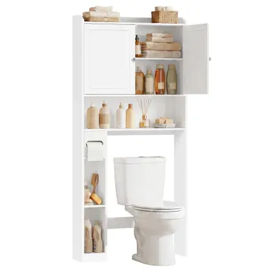 Meuble Wc, Porte Coulissante, Étagères Ajustables, 20 X 79.1 X 170 Cm, Blanc Nuage Meuble Wc, Porte Coulissante, Étagères Ajustables, 20 X 79.1 X 170 Cm, Blanc Nuage