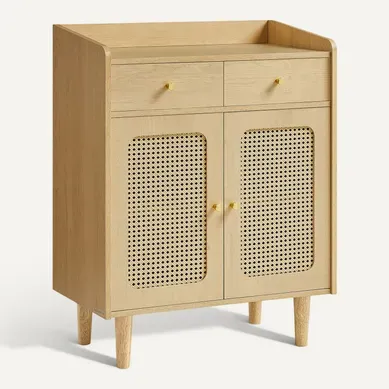 Buffet, Placard Avec Portes Et Tiroirs En Rotin, étagère Réglable, Style Bohème, Beige Chêne Buffet, Placard Avec Portes Et Tiroirs En Rotin, étagère Réglable, Style Bohème, Beige Chêne