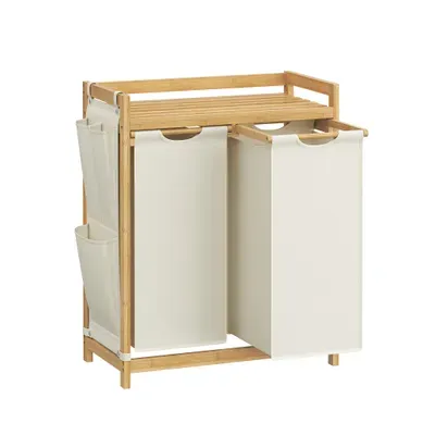 Panier à Linge, Avec 2 Compartiments, En Bambou, Poches Latérales, 2 X 50 L, 63 X 33 X 78 Cm, Blanc