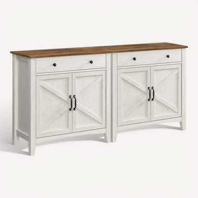 Buffet, Lot De 2, Avec Tiroir Et Portes, étagère Réglable, Blanc Rustique Et Marron Miel