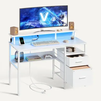 Bureau de Travail, Support d’Écran, Tiroirs en Tissu, Station de Charge, 120 x 60 cm, Blanc Bureau de Travail, Support d’Écran, Tiroirs en Tissu, Station de Charge, 120 x 60 cm, Blanc