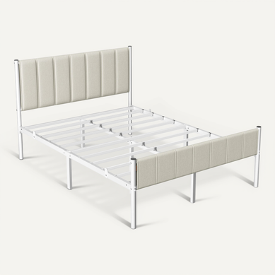 Cadre De Lit Double, 140 X 190 Cm, Avec Tête De Lit Rembourrée, Supporte Jusqu'à 500 Kg, Beige