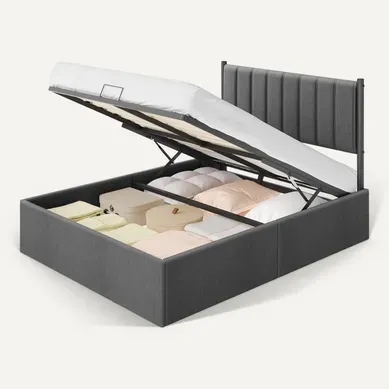 Lit Coffre, 140 X 190 cm, Sommier Relevable, Avec Rangement, Tête De Lit, Gris Foncé 1 Lit Coffre, 140 X 190 cm, Sommier Relevable, Avec Rangement, Tête De Lit, Gris Foncé 1