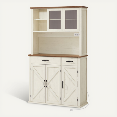 Buffet De Cuisine Avec Lumières Et Chargeur, 39,5 X 106,5 X 180,6 Cm, Blanc Rustique Et Marron Miel Buffet De Cuisine Avec Lumières Et Chargeur, 39,5 X 106,5 X 180,6 Cm, Blanc Rustique Et Marron Miel