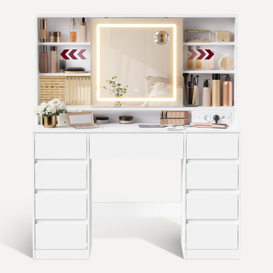 Coiffeuse Avec Miroir LED, Multiprise, 9 Tiroirs, Loupe 10x, éclairage 3 Couleurs, Blanc Nuage Coiffeuse Avec Miroir LED, Multiprise, 9 Tiroirs, Loupe 10x, éclairage 3 Couleurs, Blanc Nuage