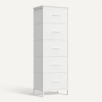 Commode 5 Tiroirs, Meuble De Rangement Pour Chambre, Acier, Panneau Mdf, Tissu Non-tissé, Blanc Commode 5 Tiroirs, Meuble De Rangement Pour Chambre, Acier, Panneau Mdf, Tissu Non-tissé, Blanc
