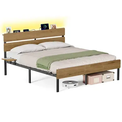 Cadre De Lit 160 X 200 Avec Sommier Métal,,port USB Et Type-c, Espace De Rangement,marron Cadre De Lit 160 X 200 Avec Sommier Métal,,port USB Et Type-c, Espace De Rangement,marron