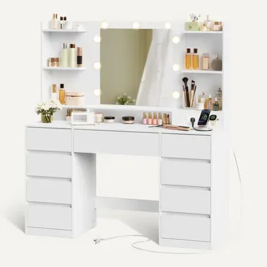 Coiffeuse avec Miroir LED, Multiprise, 9 Tiroirs, 9 Ampoules, Rangement Bijoux, Blanc Nuage Coiffeuse avec Miroir LED, Multiprise, 9 Tiroirs, 9 Ampoules, Rangement Bijoux, Blanc Nuage