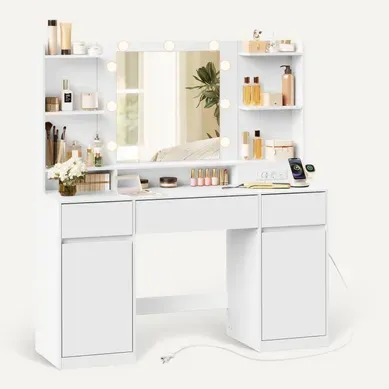 Coiffeuse Avec Miroir LED, Multiprise, 2 Placards, 9 Ampoules, Éclairage 3 Couleurs, Blanc Coiffeuse Avec Miroir LED, Multiprise, 2 Placards, 9 Ampoules, Éclairage 3 Couleurs, Blanc