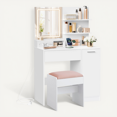 Coiffeuse Avec Miroir LED Et Tabouret, Avec Multiprise, Compartiment Avec 2 étagères Réglables,blanc Coiffeuse Avec Miroir LED Et Tabouret, Avec Multiprise, Compartiment Avec 2 étagères Réglables,blanc