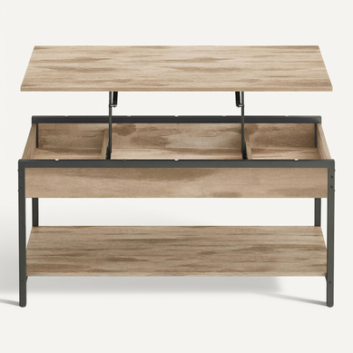 Table De Café Avec Plateau Relevable, Rangement Caché Et Ouvert, 100 X 50 Cm, Marron Camel Et Noir