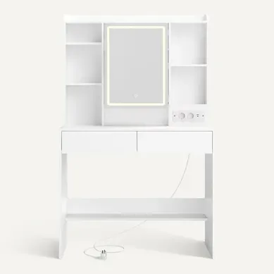 Coiffeuse Avec Miroir LED, 3 Couleurs, Luminosité Réglable, Avec Multiprise, 2 Tiroirs, Blanc Coiffeuse Avec Miroir LED, 3 Couleurs, Luminosité Réglable, Avec Multiprise, 2 Tiroirs, Blanc