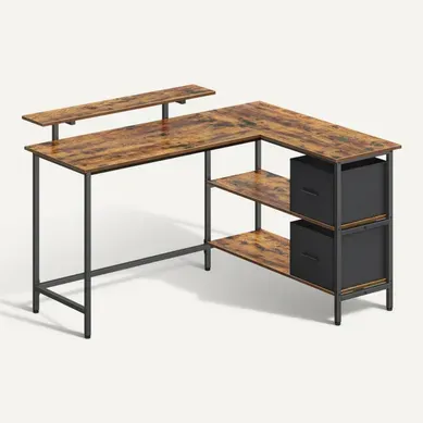 Bureau En Forme De L Avec 2 Tiroirs Spacieux, D'angle, D'ordinateur Avec étagère Réglable, Marron Bureau En Forme De L Avec 2 Tiroirs Spacieux, D'angle, D'ordinateur Avec étagère Réglable, Marron