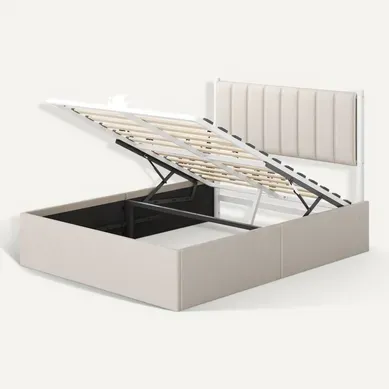 Lit Double Avec Rangement, Sommier Relevable 160 X 200 Cm, Cadre De Lit Moderne, Beige
