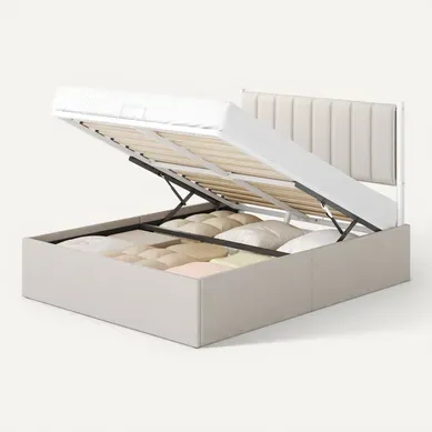 Lit Double Avec Rangement, Sommier Relevable 140 X 190 Cm, Cadre De Lit Moderne, Beige Lit Double Avec Rangement, Sommier Relevable 140 X 190 Cm, Cadre De Lit Moderne, Beige