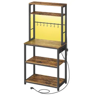 Buffet Avec Prises, LED Intégrée, Pour Cuisine, 8 Crochets, étagères Réglables, Marron Et Noir Buffet Avec Prises, LED Intégrée, Pour Cuisine, 8 Crochets, étagères Réglables, Marron Et Noir