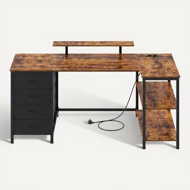 Bureau Informatique D’angle, étagères Réglables, 4 Tiroirs, Ports USB, 140 X 80 Cm, Marron Bureau Informatique D’angle, étagères Réglables, 4 Tiroirs, Ports USB, 140 X 80 Cm, Marron