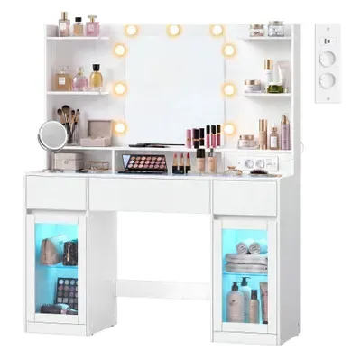 Coiffeuse Avec Miroir LED, Avec Bandes Lumineuses, 2 Placards Vitrés, 3 Tiroirs, 8 étagères, Blanc Coiffeuse Avec Miroir LED, Avec Bandes Lumineuses, 2 Placards Vitrés, 3 Tiroirs, 8 étagères, Blanc
