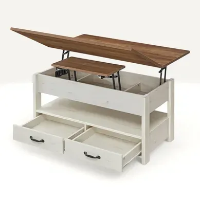 Table Basse Relevable, Vérin à Gaz, 3 Compartiments Sous Le Plateau, Marron Et Blanc Table Basse Relevable, Vérin à Gaz, 3 Compartiments Sous Le Plateau, Marron Et Blanc