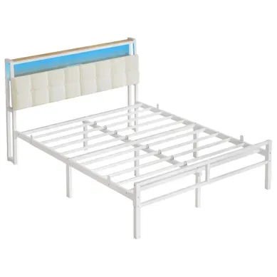 Lit Double En Métal 140 X 190 Cm, Tête De Lit Rembourrée Avec LED Et Prise USB, Blanc Et Jaune Lit Double En Métal 140 X 190 Cm, Tête De Lit Rembourrée Avec LED Et Prise USB, Blanc Et Jaune