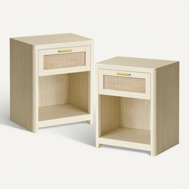 Table De Chevet, Lot De 2, Style Bohème, Table D’appoint, Avec Tiroir Effet Cannage, Beige